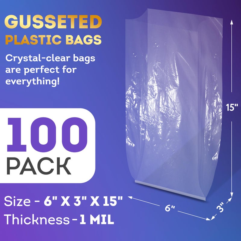 APQ Supply APQ Clear Gusseted Poly Bags, 6 x 3 x 15 Inch. Pack of 100 Gusseted Plastic Bags 1 Mil Thick for Favors with Open Top. Clear Plastic Bags for Packaging Cookies, Popcorn, Candies, Homemade Bread - Image 2
